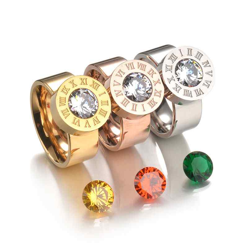 Unique Stainless Steel 4 Color Gem Stones Unisex Ring Rose Gold Roman Numeral Engagement Ring