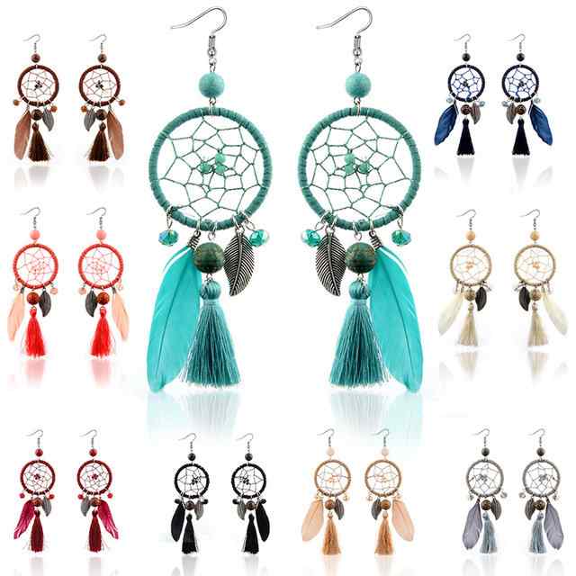 Bohemian Geometric Dreamcatcher Pendant Long Earrings Metal Feather Tassel Turquoise Earrings