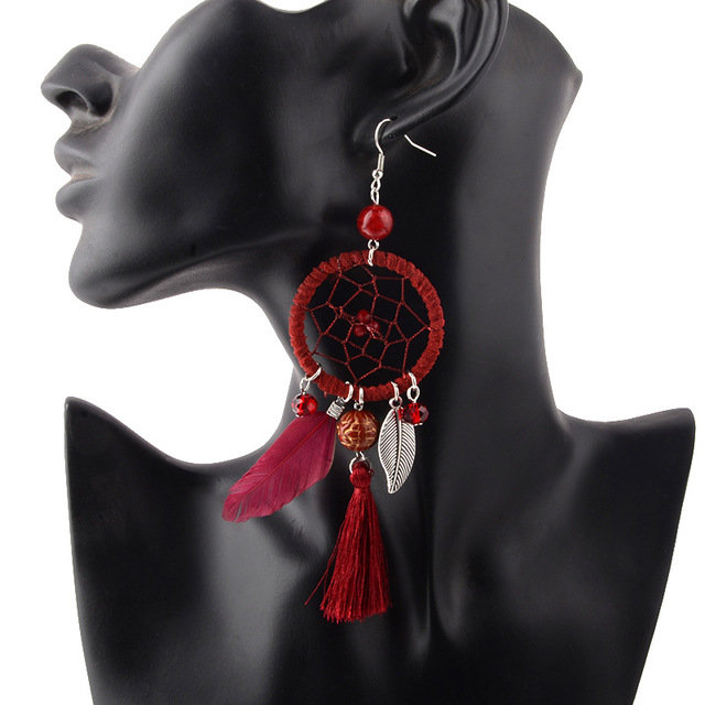 Bohemian Geometric Dreamcatcher Pendant Long Earrings Metal Feather Tassel Turquoise Earrings