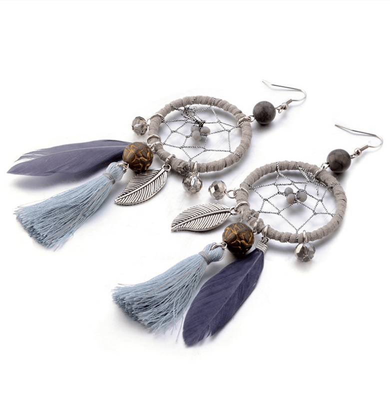 Bohemian Geometric Dreamcatcher Pendant Long Earrings Metal Feather Tassel Turquoise Earrings