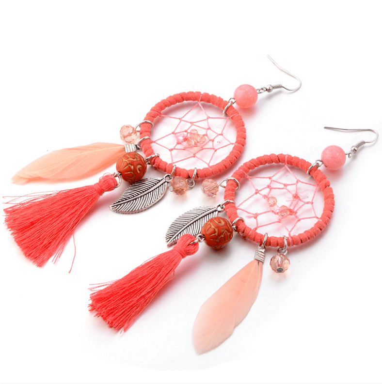 Bohemian Geometric Dreamcatcher Pendant Long Earrings Metal Feather Tassel Turquoise Earrings