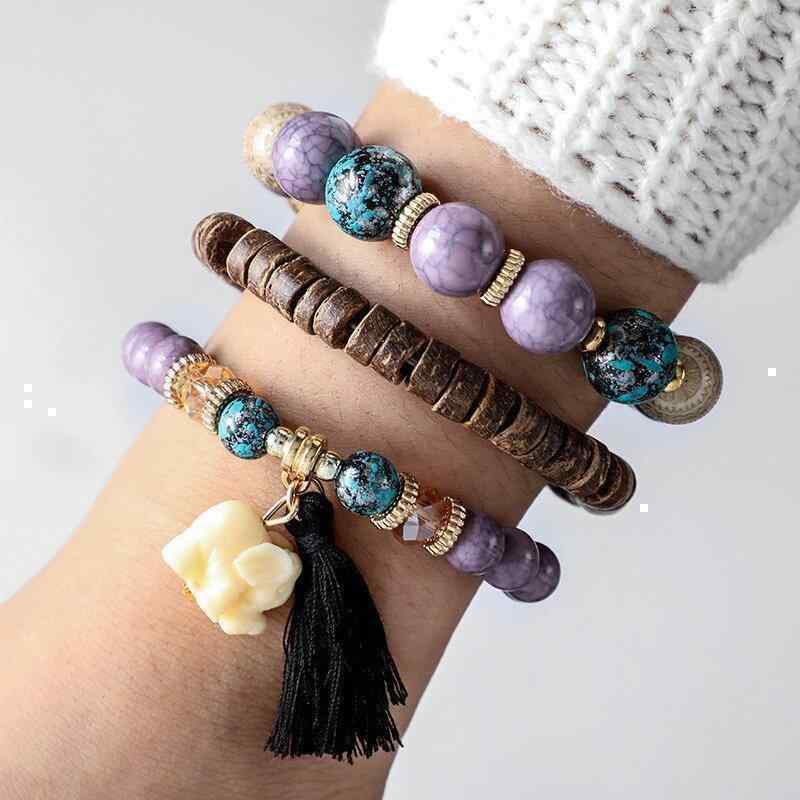 Bohemian Style Beading Bracelet Elephant Pendant Bracelet 3 Piece Tassels Bracelet Multi Layer