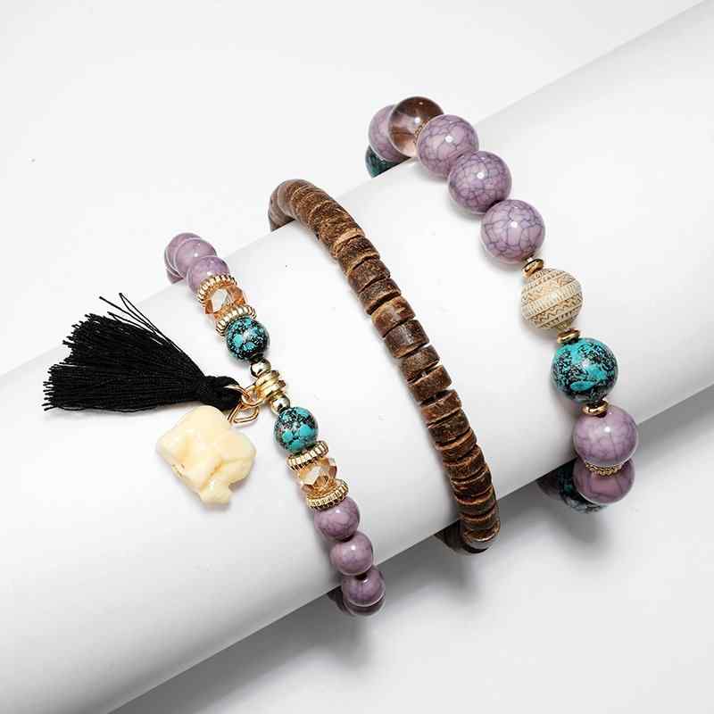 Bohemian Style Beading Bracelet Elephant Pendant Bracelet 3 Piece Tassels Bracelet Multi Layer