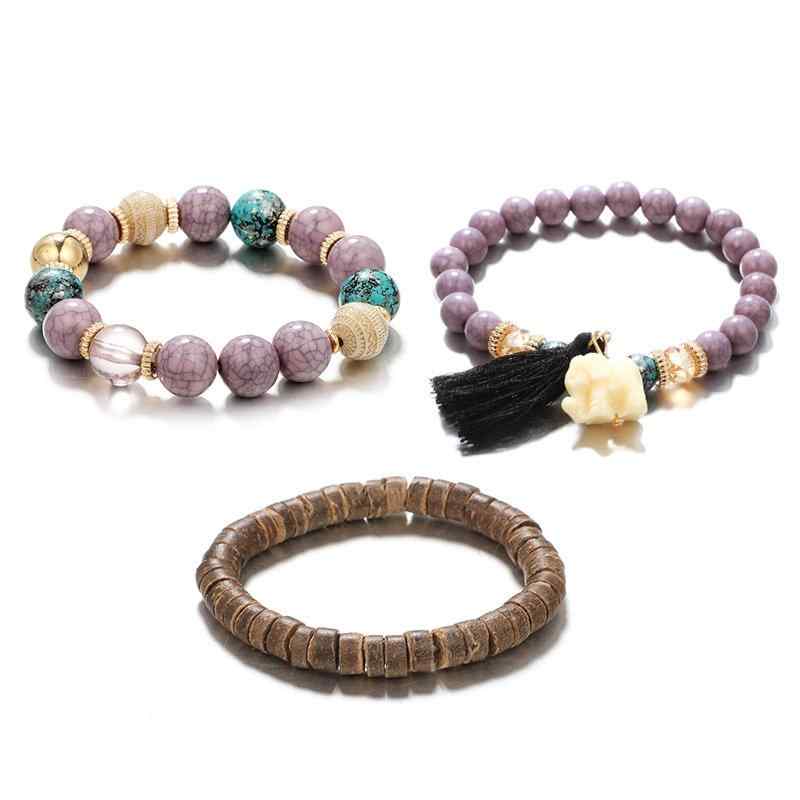 Bohemian Style Beading Bracelet Elephant Pendant Bracelet 3 Piece Tassels Bracelet Multi Layer