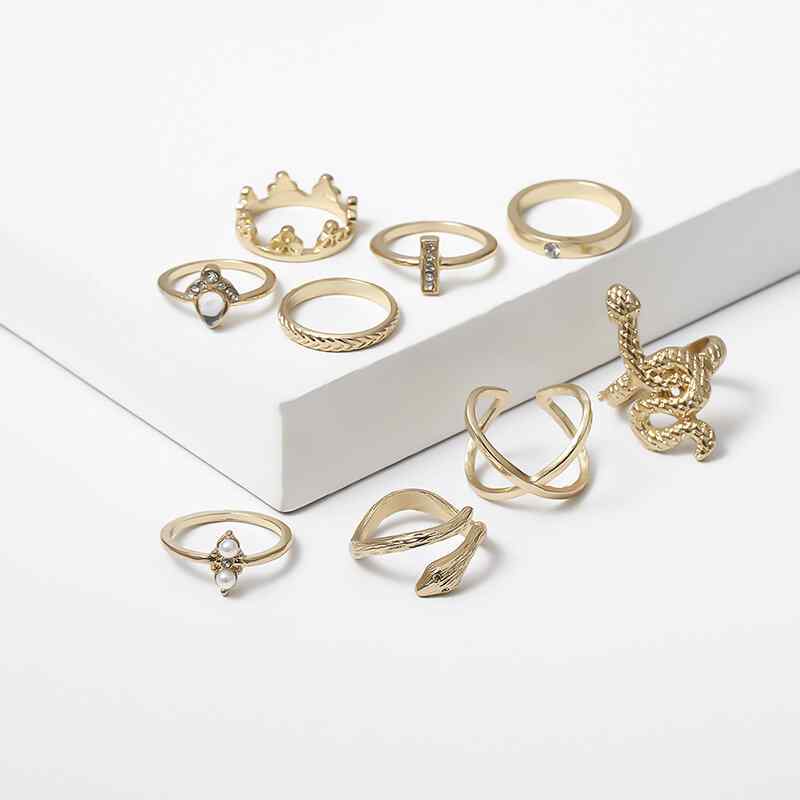 Bohemian Metal Geometric Stereoscopic Snake Rings Water Drop Gemstone Rhinestone Ring Set