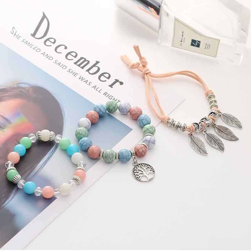 Retro Alloy Leaves Bracelet Colorful Beaded Multi Layer Bracelet For Women