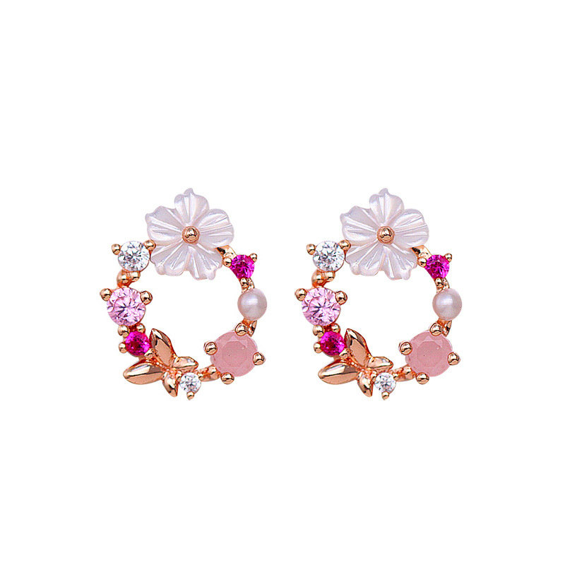 Cute Womens Stud Earrings 925 Sterling Silver Needle Shell Flower Butterfly Zirconia Earrings
