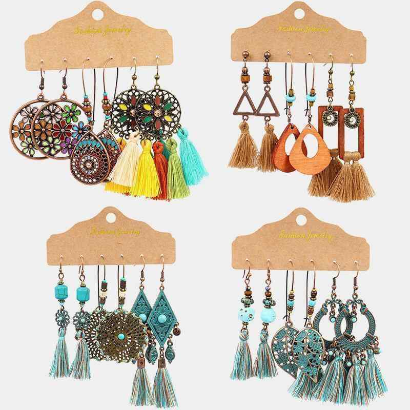 Retro Geometric Sector Tassel Earrings Bohemian Metal Hollow Triangle Arrow Leaf Pendant Earring Set