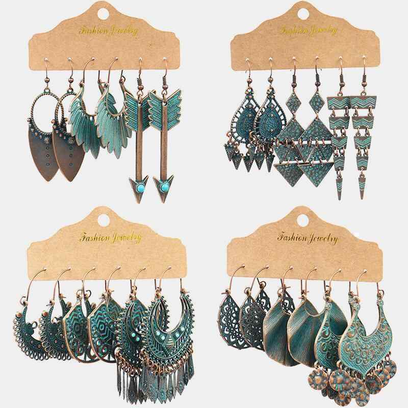 Retro Geometric Sector Tassel Earrings Bohemian Metal Hollow Triangle Arrow Leaf Pendant Earring Set