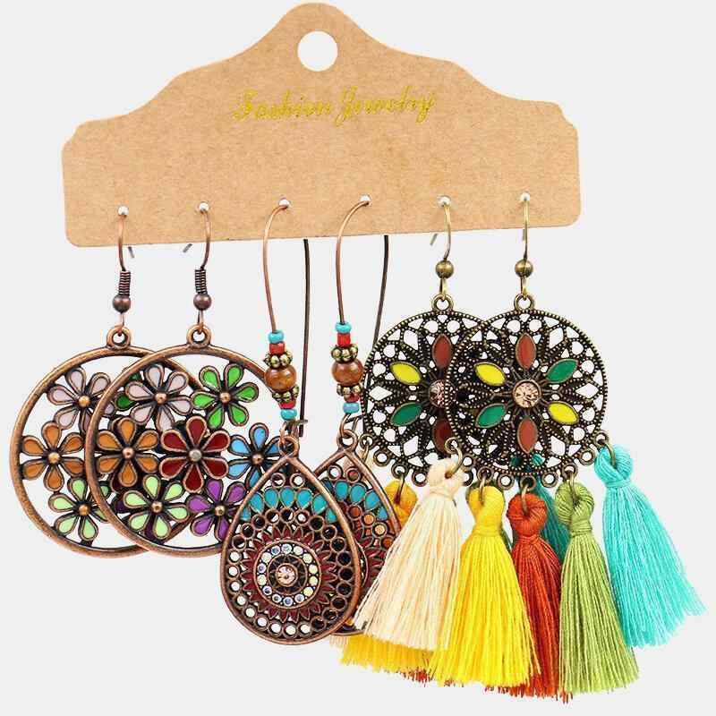 Retro Geometric Sector Tassel Earrings Bohemian Metal Hollow Triangle Arrow Leaf Pendant Earring Set