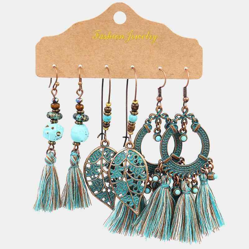 Retro Geometric Sector Tassel Earrings Bohemian Metal Hollow Triangle Arrow Leaf Pendant Earring Set