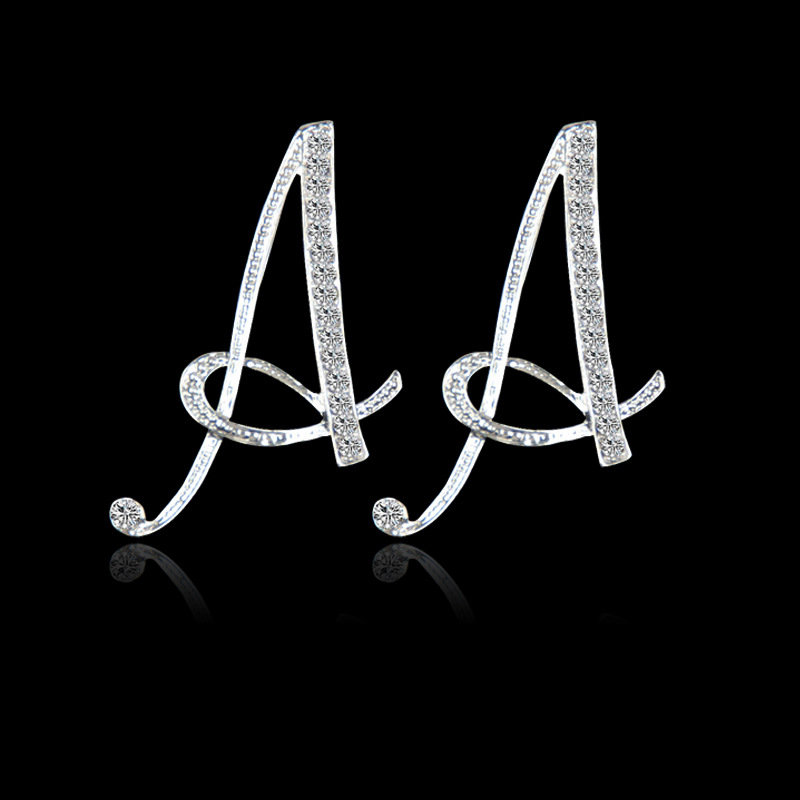 Fashion Letter Ear Studs Silver Earrings Shiny Rhinestones Special Initial Earring Gift for Her