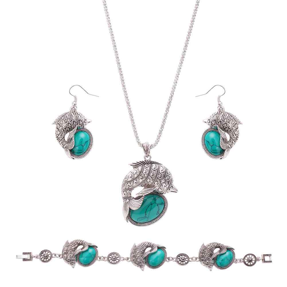 Retro Jewelry Set Fish Turquoise Pendant Necklace Earrings Bracelet Set