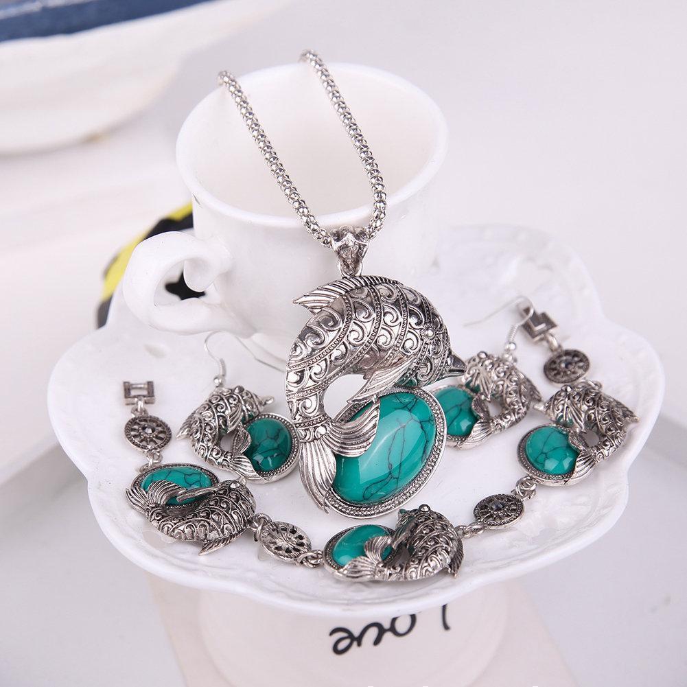 Retro Jewelry Set Fish Turquoise Pendant Necklace Earrings Bracelet Set