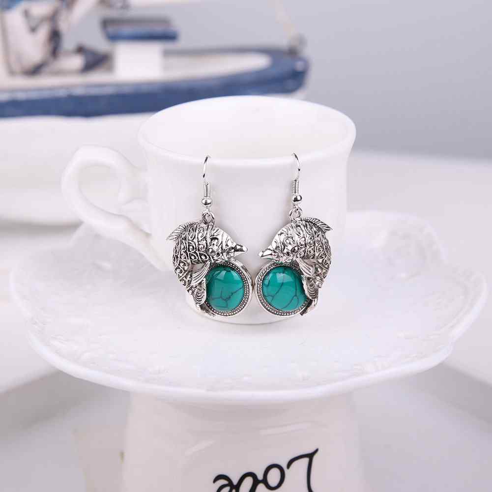Retro Jewelry Set Fish Turquoise Pendant Necklace Earrings Bracelet Set