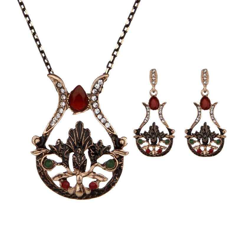 Vintage Jewelry Sets Hollow Rhinestone Vase Charm Necklace Ear Drop Earrings Ethnic Jewerlry for Her