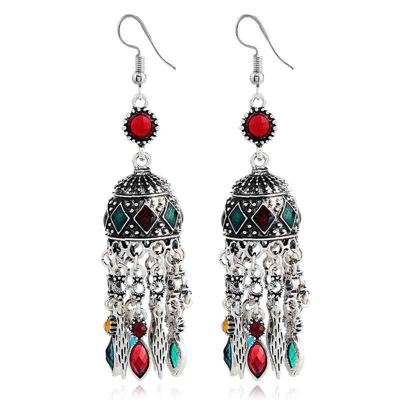 Ethnic Silver Earrings Tibetan Statement Rhinestones Tassels Vintage Chandelier Earrings for Women