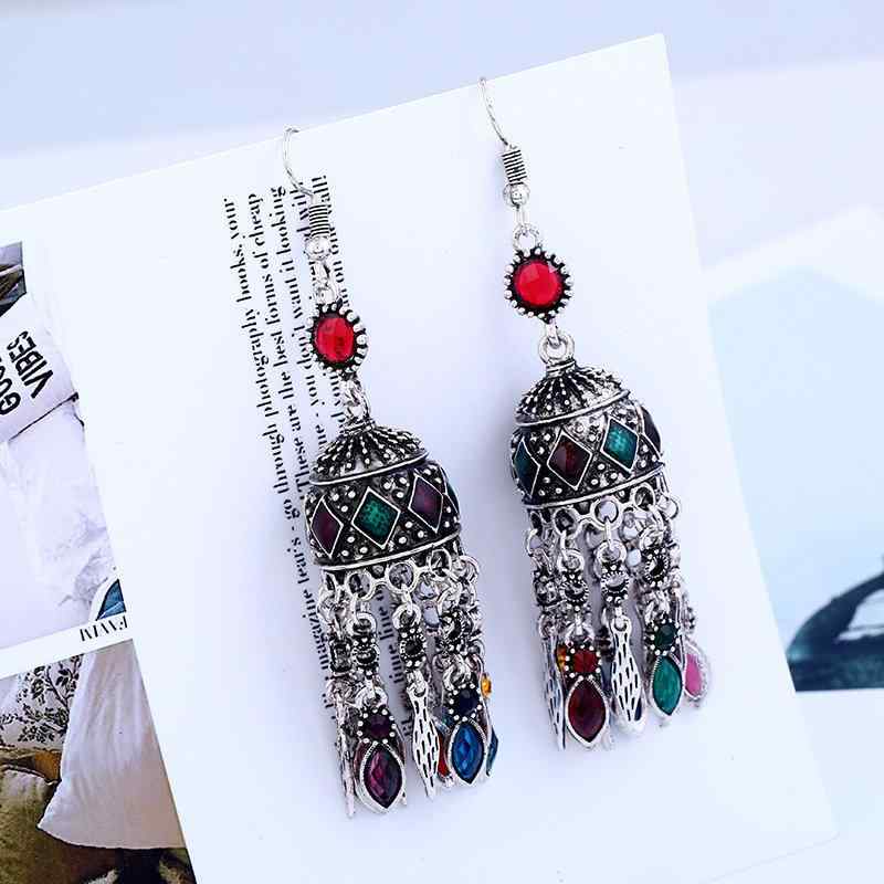 Ethnic Silver Earrings Tibetan Statement Rhinestones Tassels Vintage Chandelier Earrings for Women