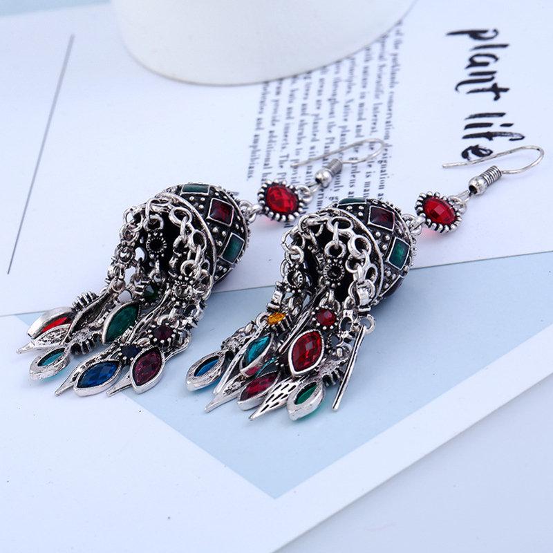 Ethnic Silver Earrings Tibetan Statement Rhinestones Tassels Vintage Chandelier Earrings for Women