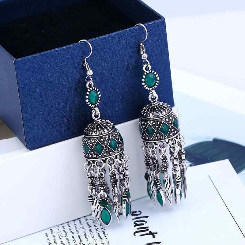 Ethnic Silver Earrings Tibetan Statement Rhinestones Tassels Vintage Chandelier Earrings for Women