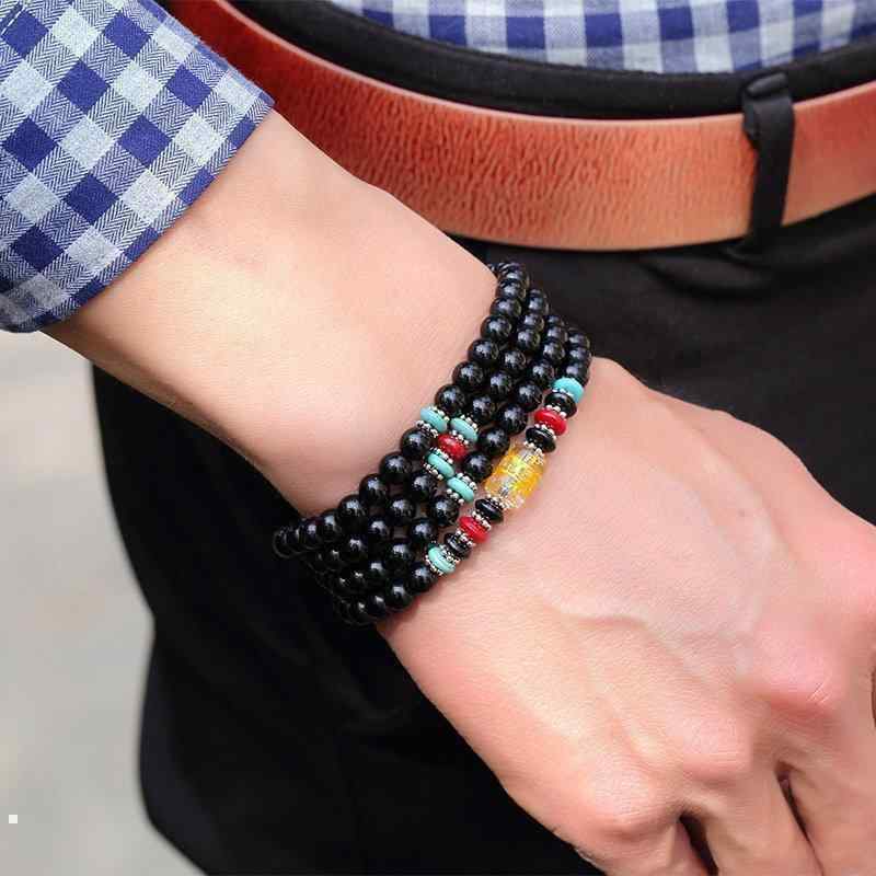 Vintage Unisex Multilayer Bracelet Natural Black Stone Beaded Bracelet Ethnic Jewelry for Women Men