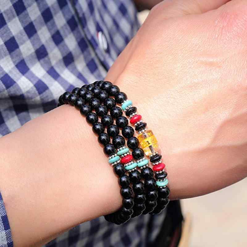 Vintage Unisex Multilayer Bracelet Natural Black Stone Beaded Bracelet Ethnic Jewelry for Women Men