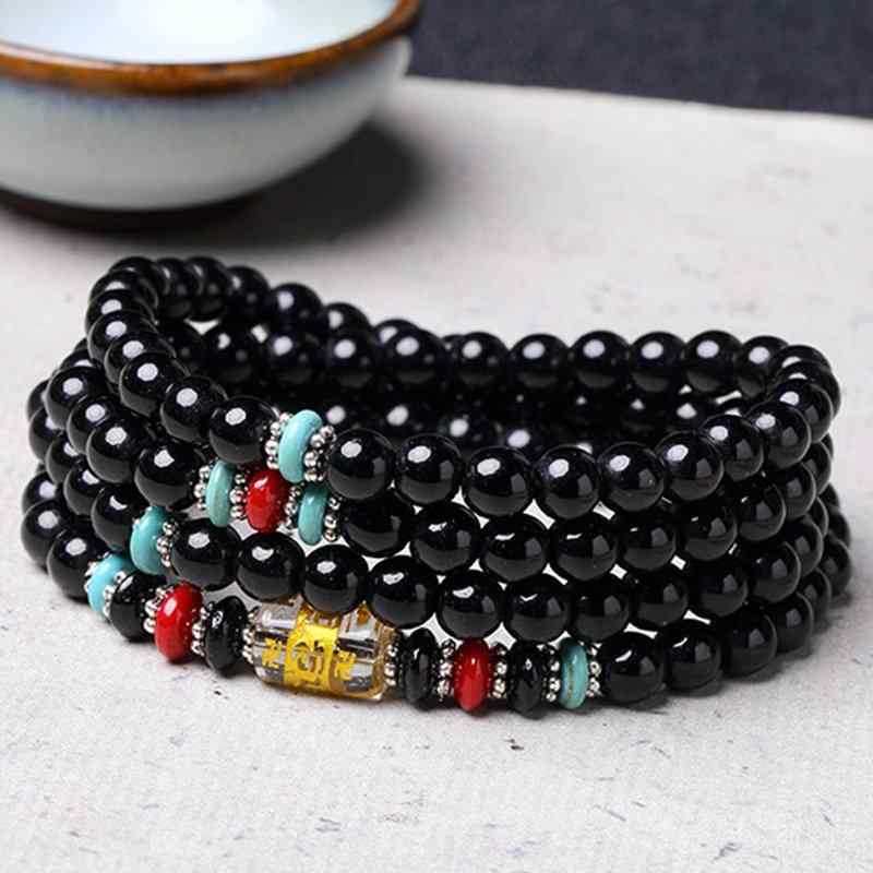 Vintage Unisex Multilayer Bracelet Natural Black Stone Beaded Bracelet Ethnic Jewelry for Women Men