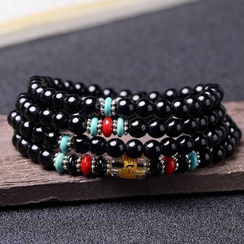 Vintage Unisex Multilayer Bracelet Natural Black Stone Beaded Bracelet Ethnic Jewelry for Women Men