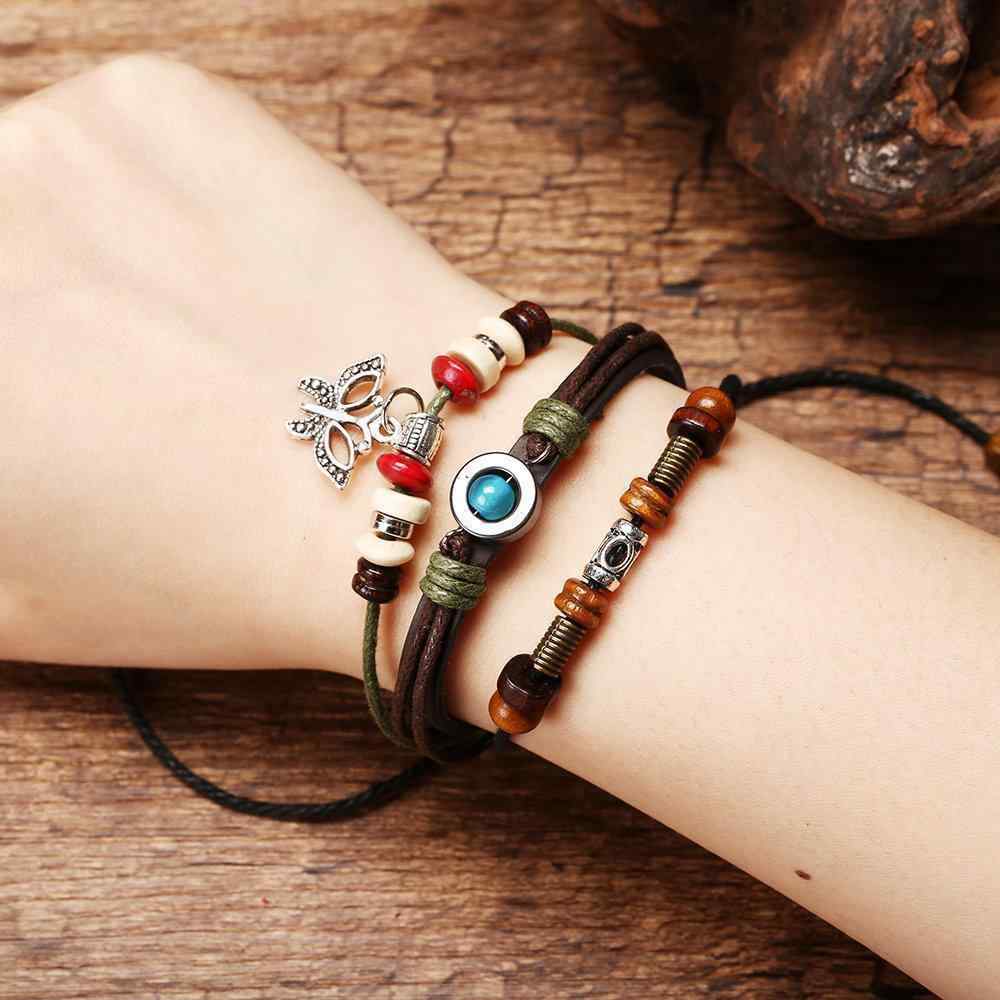 Vintage Butterfly Real Cowhide Bracelet Weaving Multi Layer Bracelet Retro Women Bracelet