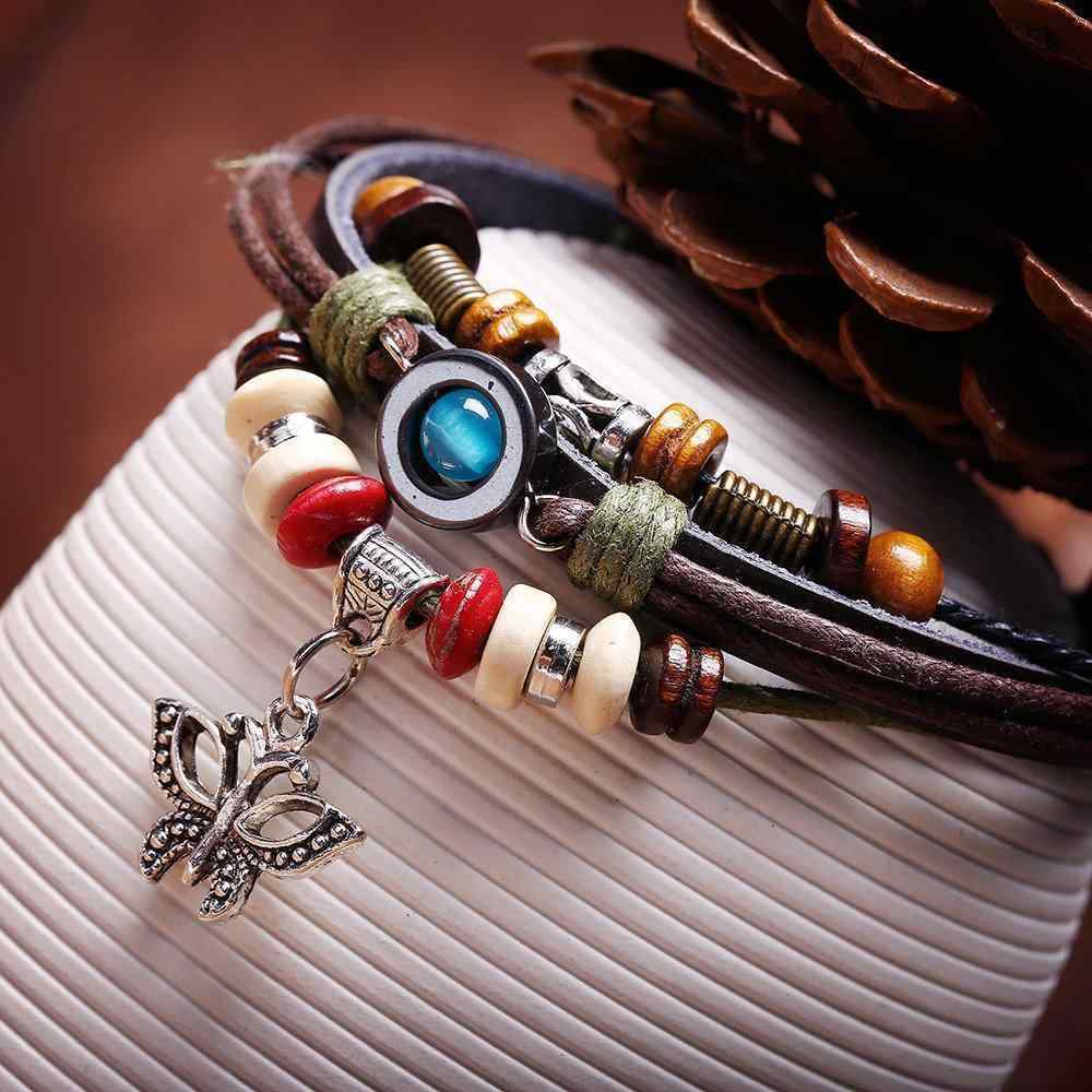 Vintage Butterfly Real Cowhide Bracelet Weaving Multi Layer Bracelet Retro Women Bracelet