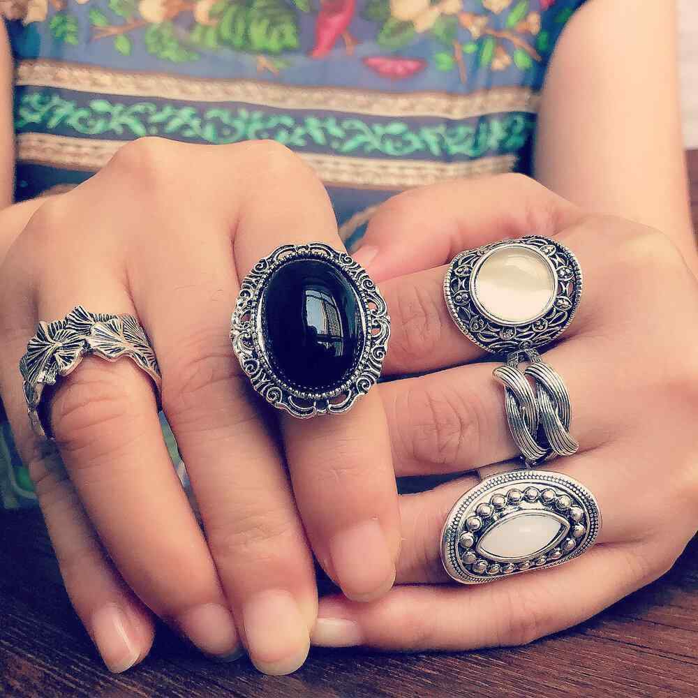 5 Pcs Vintage Opal Rings Set Metal Hollow Carved Ancient Tibetan Women Rings