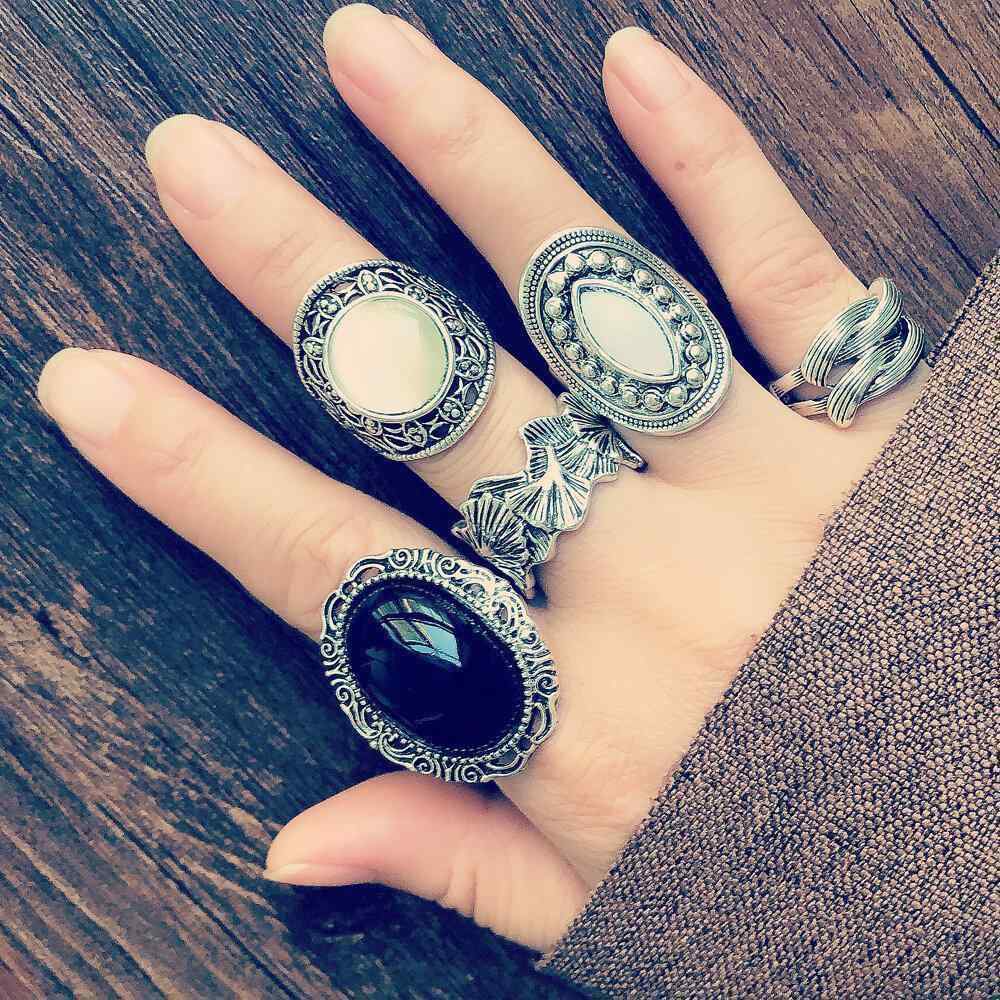 5 Pcs Vintage Opal Rings Set Metal Hollow Carved Ancient Tibetan Women Rings