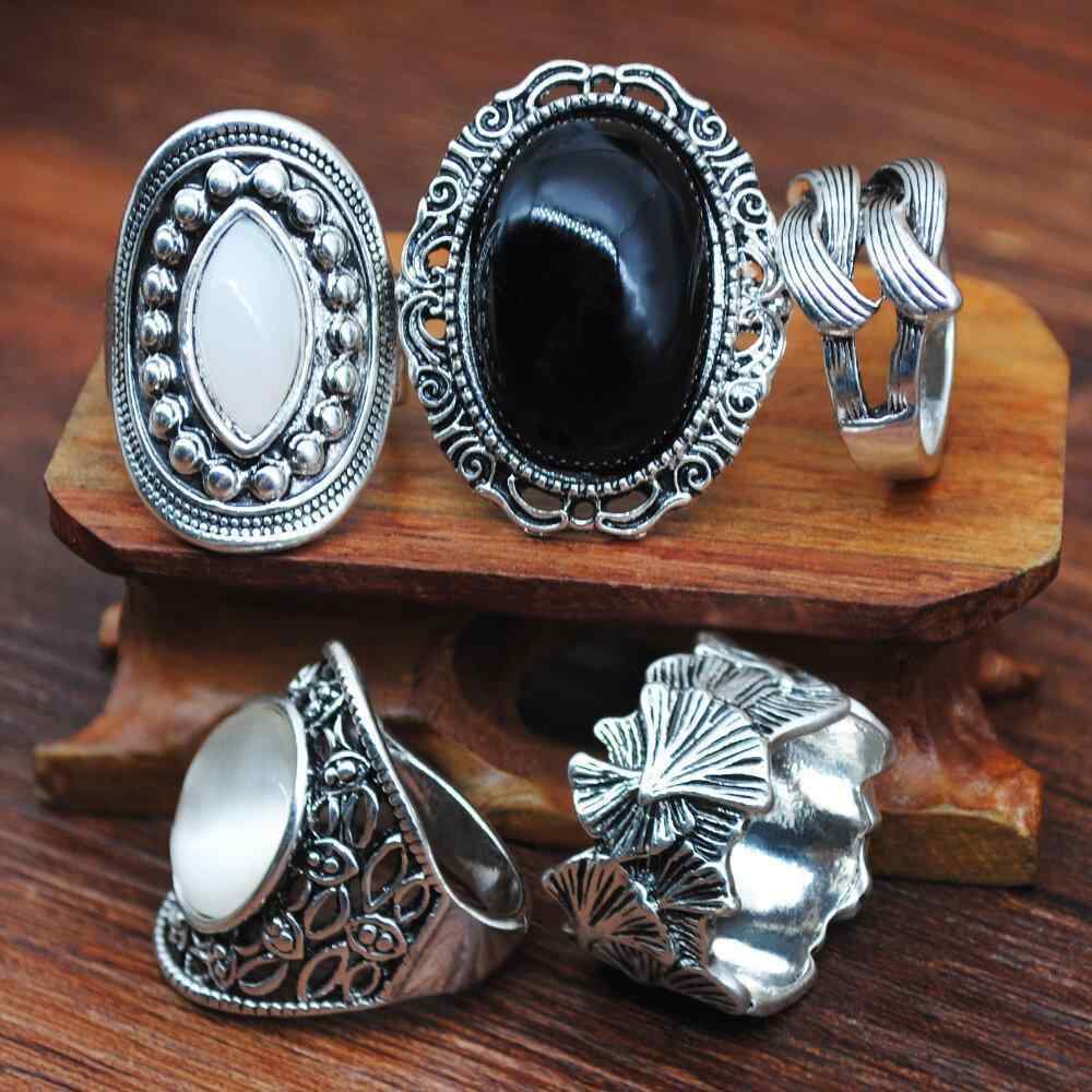 5 Pcs Vintage Opal Rings Set Metal Hollow Carved Ancient Tibetan Women Rings