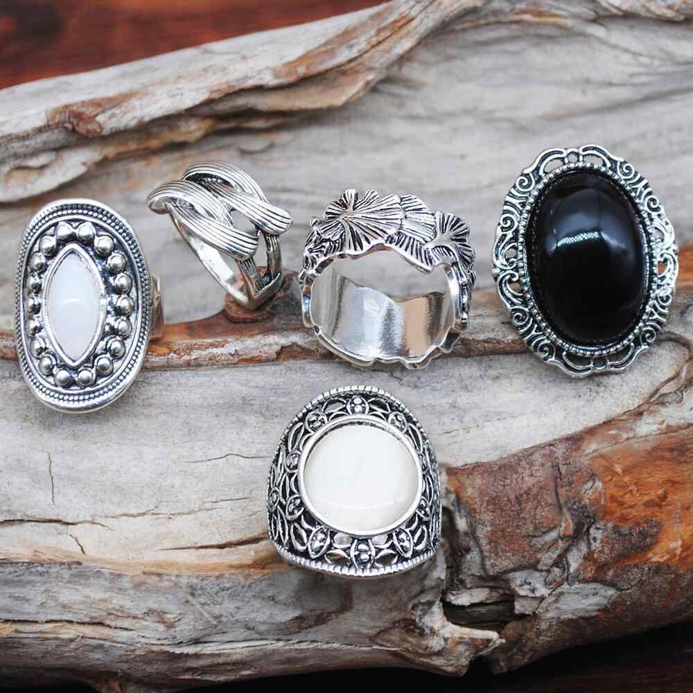 5 Pcs Vintage Opal Rings Set Metal Hollow Carved Ancient Tibetan Women Rings