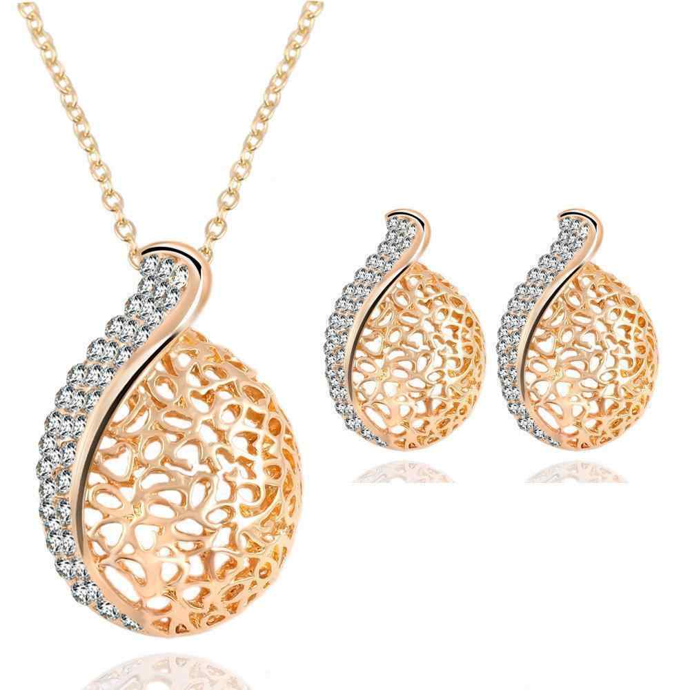Classic Hollow Water Drop Pendant Jewelry Set Crystal Rhinestone Necklace Earrings Bridal Jewelry