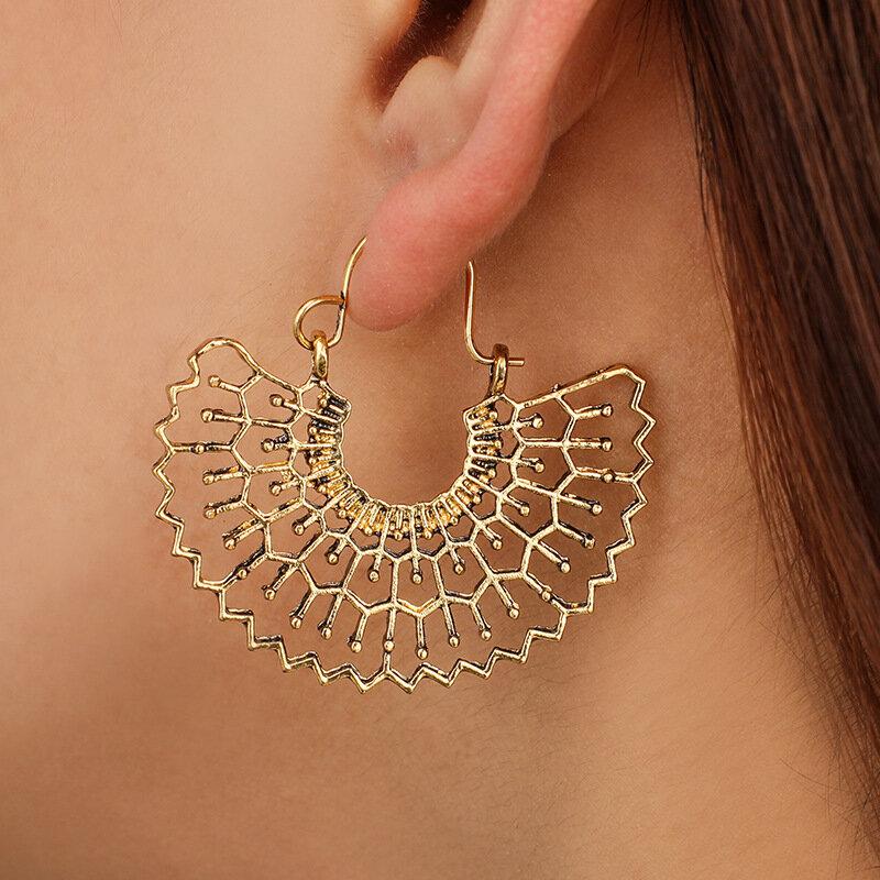 Vintage Metal Hollow Fan-shaped Earrings Ethnic Geometric Flower Carved Drop Pendant Big Earring