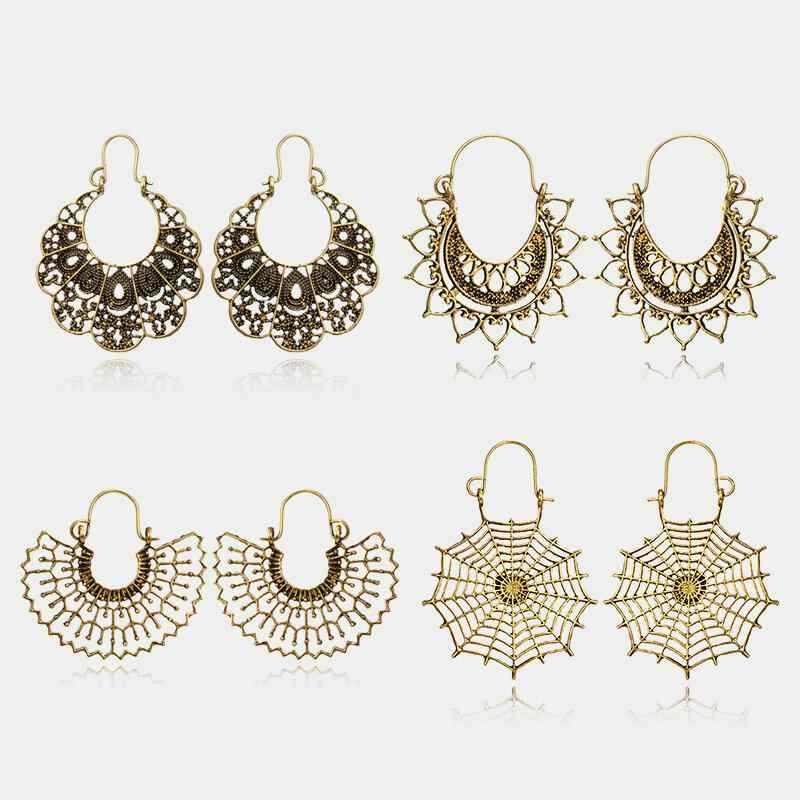 Vintage Metal Hollow Fan-shaped Earrings Ethnic Geometric Flower Carved Drop Pendant Big Earring