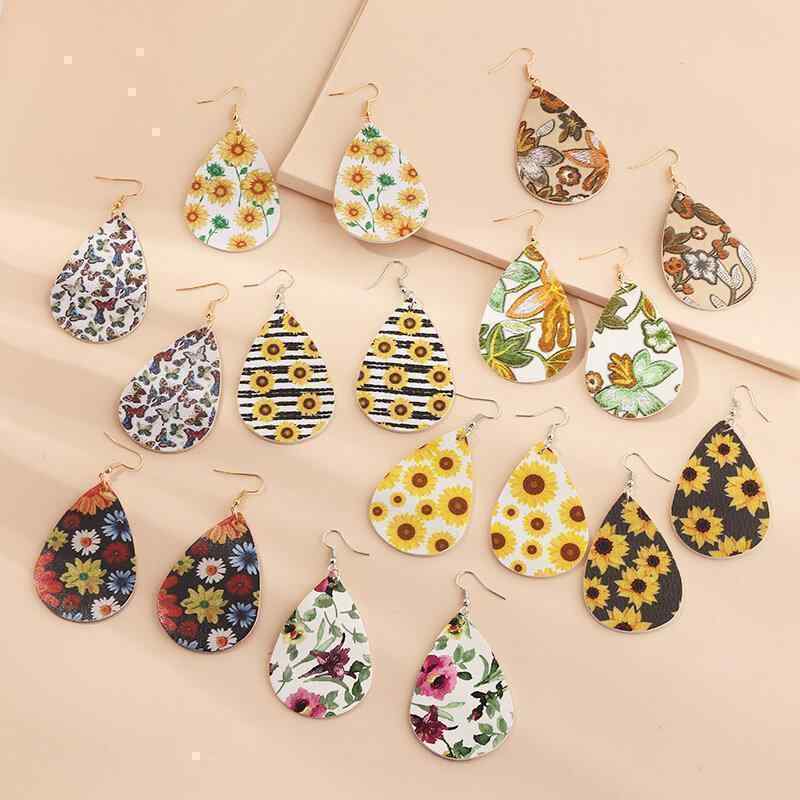 Trendy Daisy Sunflower Flower Butterfly Water Drop Earrings Lychee Printed Leather Earrings