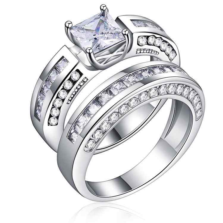 2 Pcs/set Classic Cubic Zirconia Womens Rings Bridal Wedding Platinum Band Finger Rings for Women