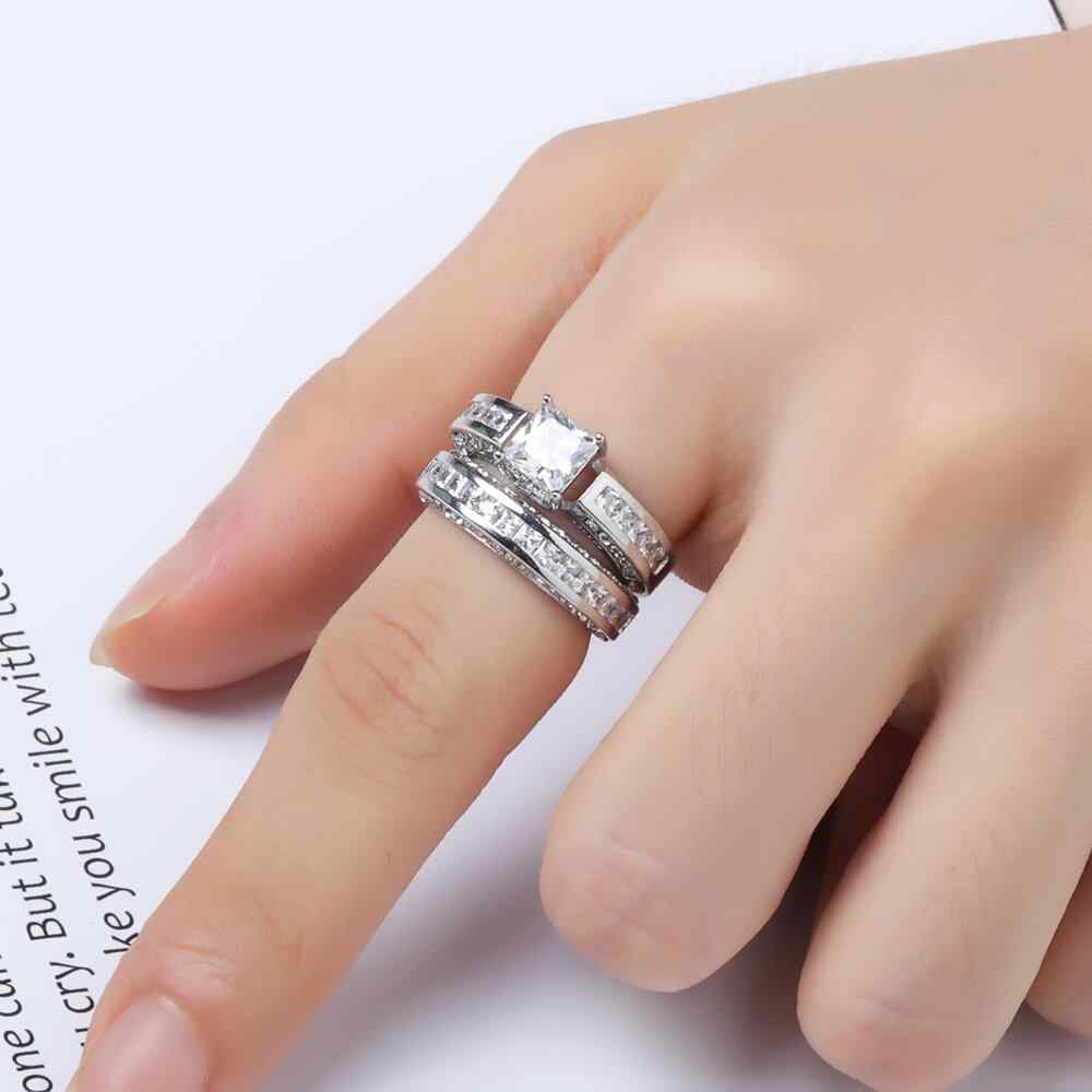 2 Pcs/set Classic Cubic Zirconia Womens Rings Bridal Wedding Platinum Band Finger Rings for Women