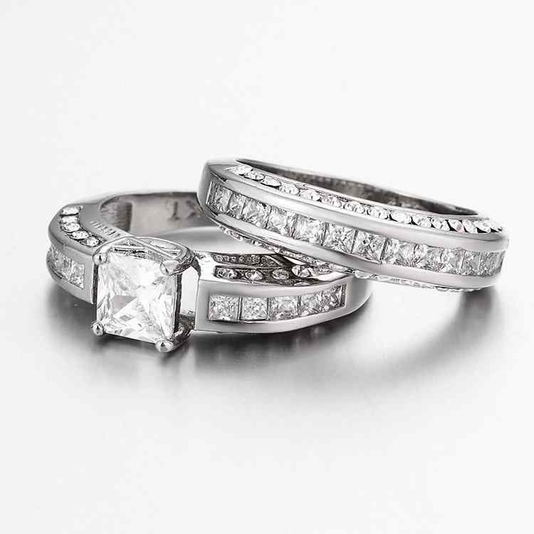 2 Pcs/set Classic Cubic Zirconia Womens Rings Bridal Wedding Platinum Band Finger Rings for Women